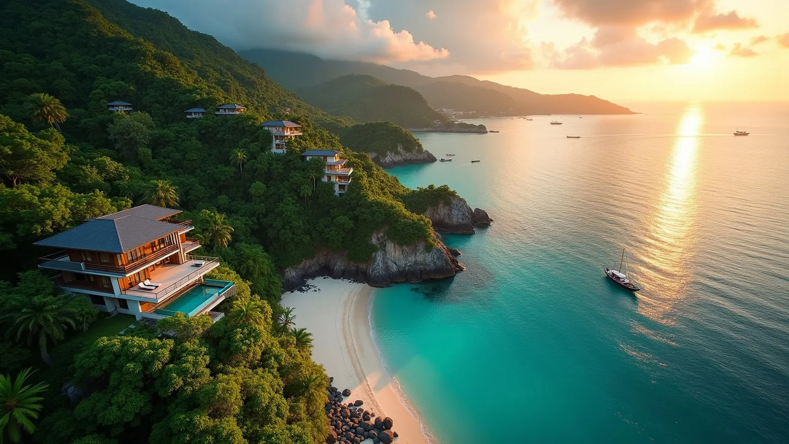 Wybrzeże Phuket o zachodzie słońca — wille premium na klifie