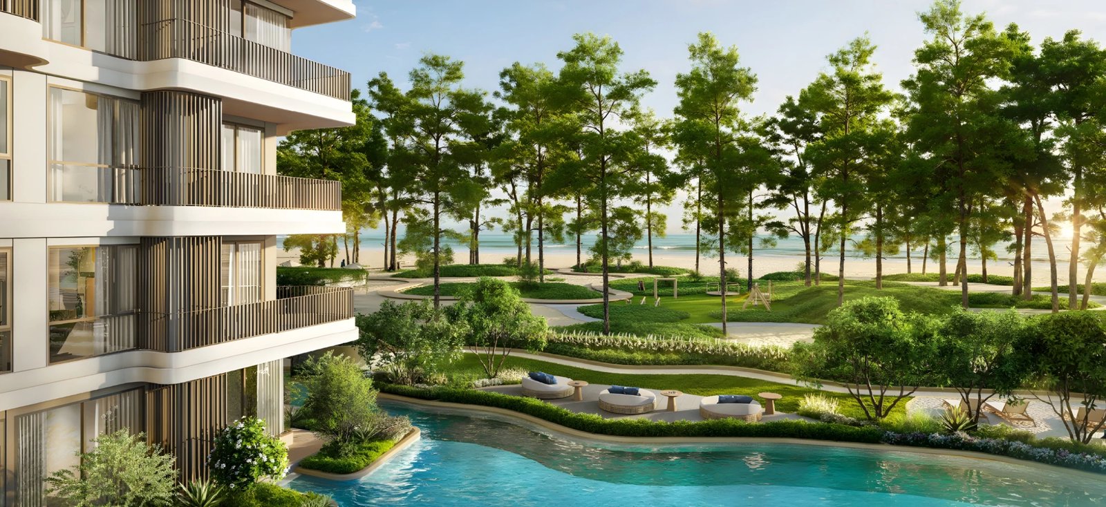 Wizualizacja inwestycji — kondominium przy plaży Nai Yang, basen i tereny zielone (Phuket)